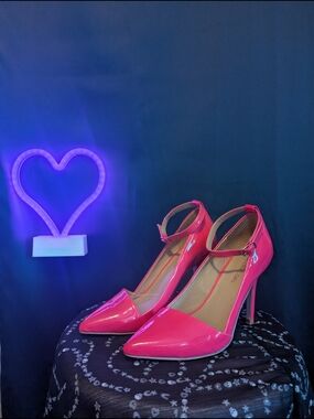 Patent Neon Pink Pointed-Toe Ankle-Strap Heels Faux Leather Going Out Stiletto